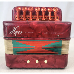 Vintage Hero Accordion Red Marbleized 7 Key 3 Button Toy Instrument Folk Gypsy